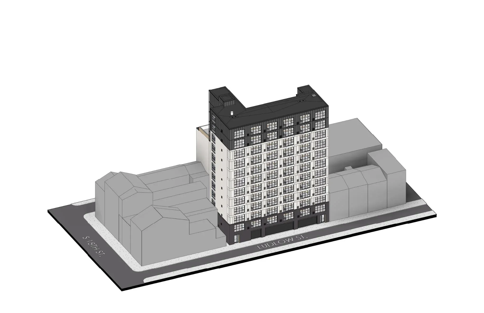 The Ranstead — site axonometric, Ludlow St & S 18th St, Philadelphia