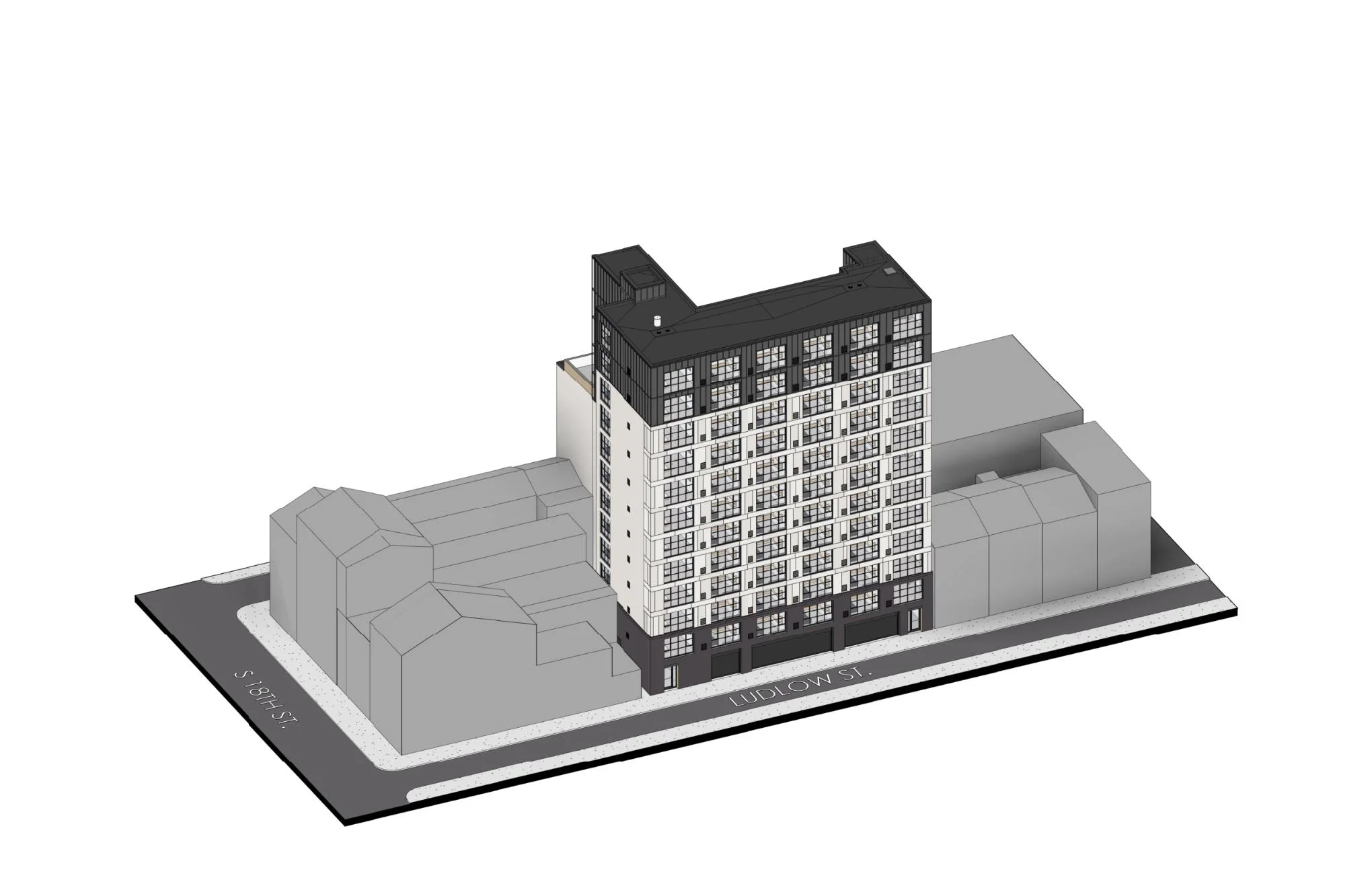 The Ranstead — site axonometric, Ludlow St & S 18th St, Philadelphia